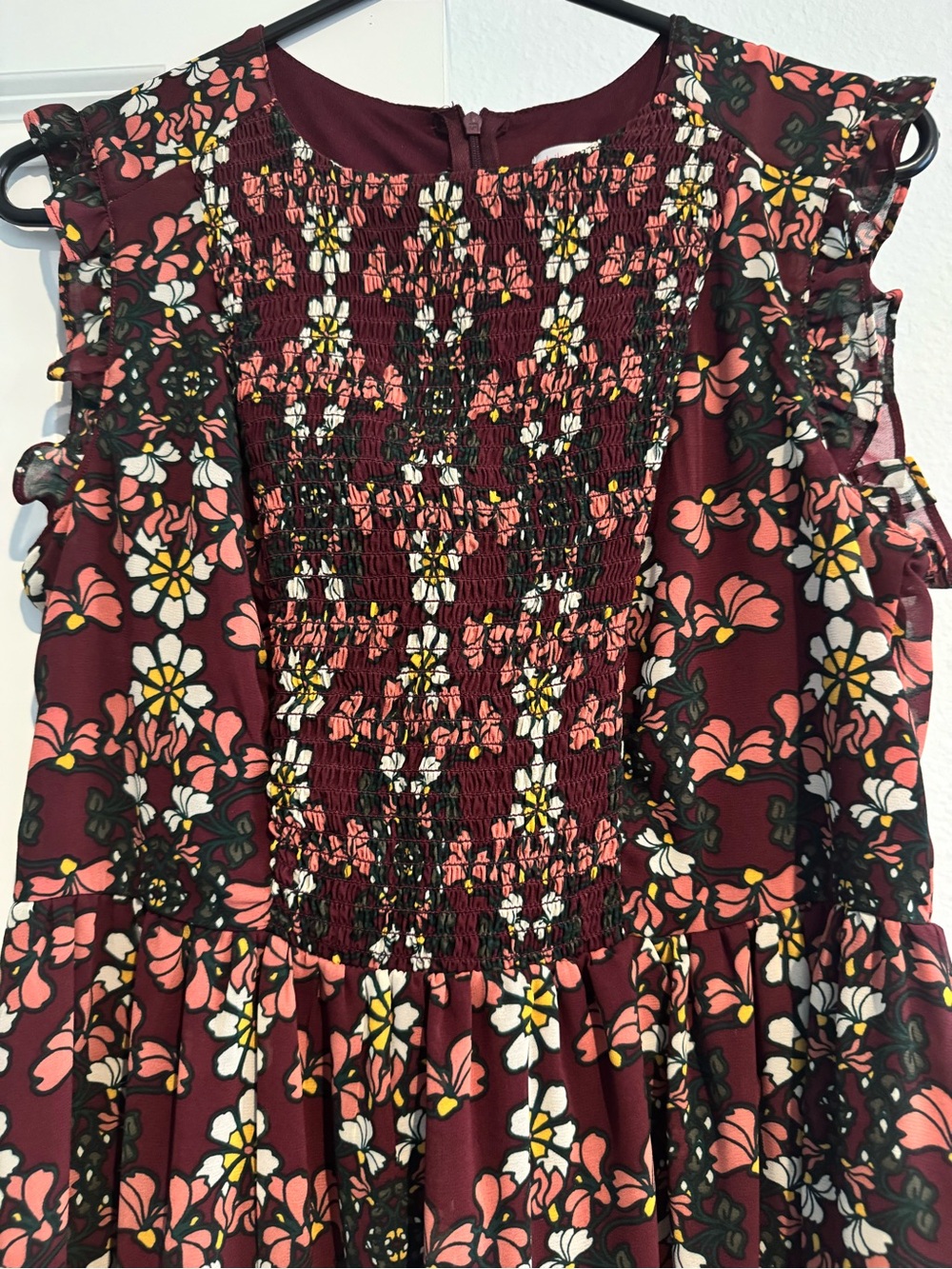Xhilaration Burgundy Floral Smocked Top